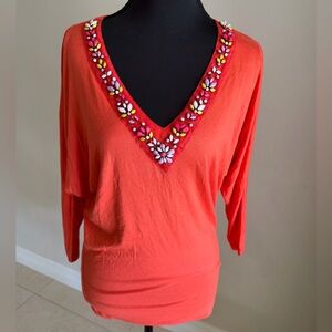 Neon Beaded V-Neck Orange Women's Top